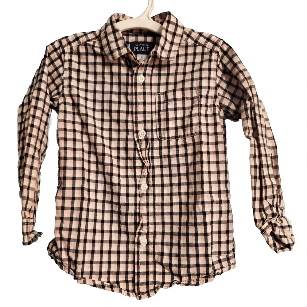 The Children's Place Boys Shirt Pink Black 4T Long Sleeve Button down